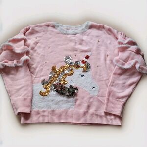 Women's Sequined Ugly Unicorn Christmas Holiday Sweater Pink Ruffles Mystical XL